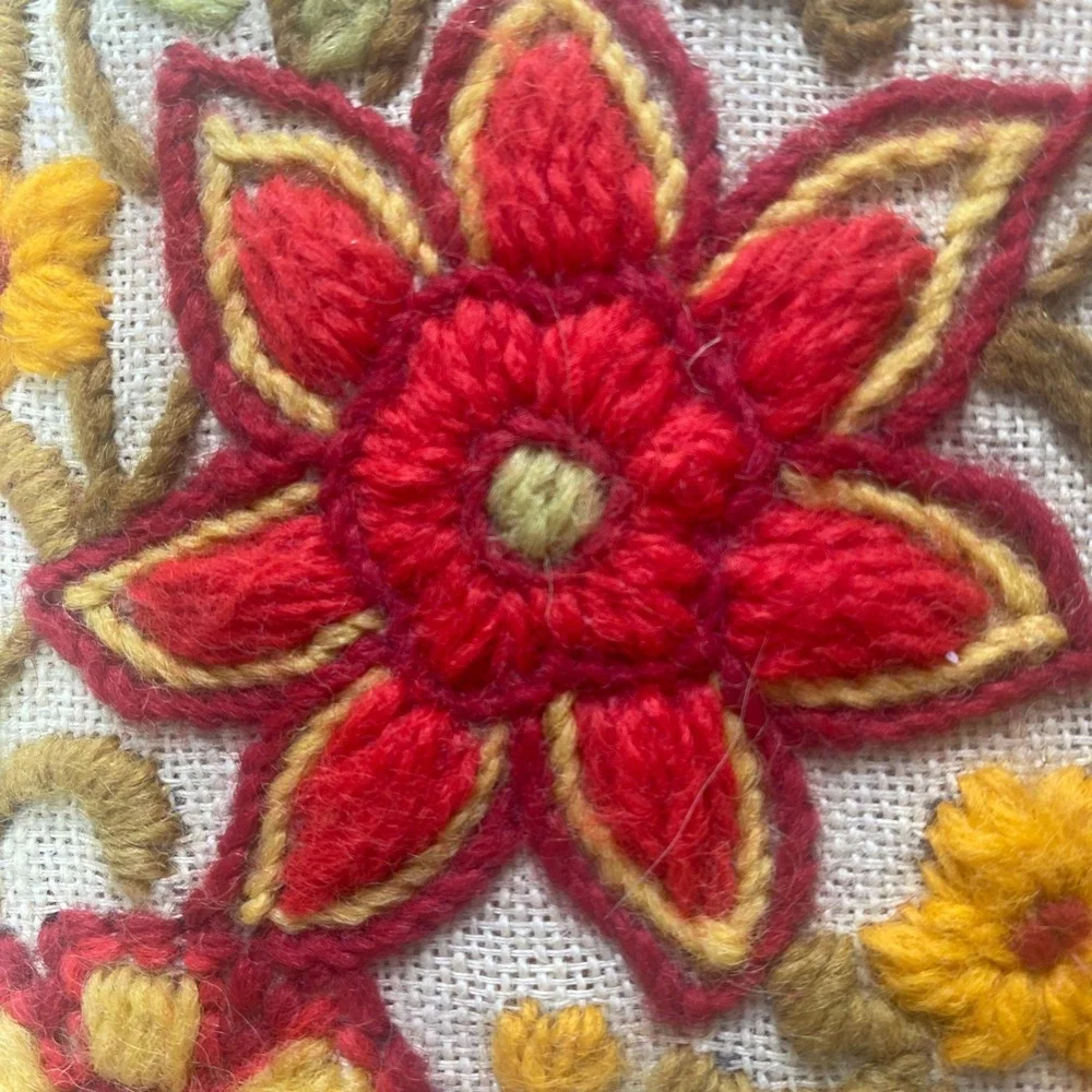 Vintage Embroidered Needlepoint Floral Pillow Square Boho Shabby Chic